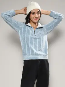 Campus Sutra Striped High Neck Half Zipper Pullover Sweatshirt