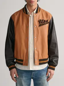 GANT Graphic Printed Stand Collar Leather Bomber Jacket