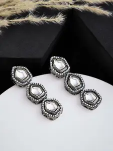 ATIBELLE Silver-Plated Kundan Stone Studded Contemporary Oxidised Drop Earrings