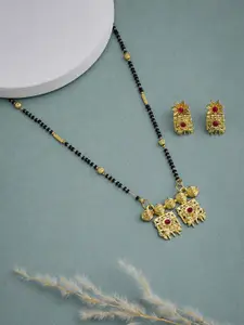 ATIBELLE Gold Plated Stone Studded & Beaded Mangalsutra With Earrings