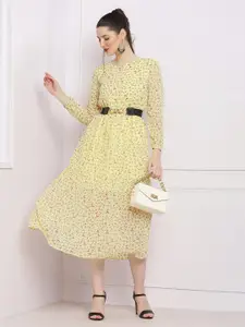 SQew Floral Printed Puff Sleeves Fit & Flare Midi Dress