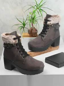 The Roadster Lifestyle Co. Women Buckle Detail Faux Fur Trim Heeled Mid-Top Chunky Boots