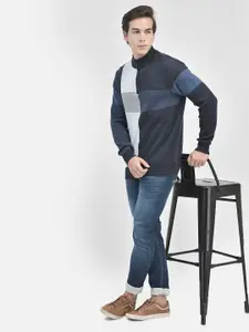 Crimsoune Club Colourblocked Mock Collar Pure Cotton Sweater