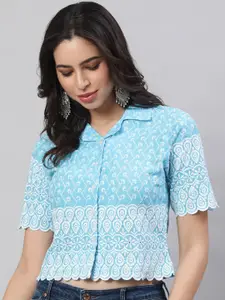 AKIMIA Ethnic Motifs Embroidered Cotton Shirt Style Crop Top