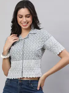 AKIMIA Ethnic Motifs Embroidered Cotton Shirt Style Crop Top