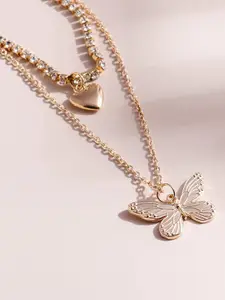 FIMBUL Gold-Plated Heart & Butterfly Design Layered Necklace
