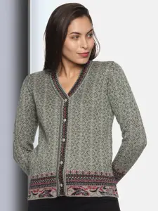 CLAPTON Geometric Printed V-Neck Wool Cardigan Sweater
