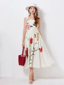 JC Collection Floral Printed Square Neck Fit & Flare Midi Dress