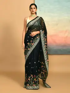 Indethnic Floral Embroidered Supernet Saree