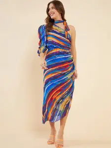 Antheaa Blue Abstract Printed One Shoulder Puff Sleeves Ruched Georgette A-Line Midi Dress
