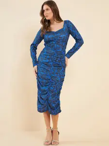 Antheaa Blue Sweetheart Neck Cut-Out Detailed Ruched Sheath Midi Dress