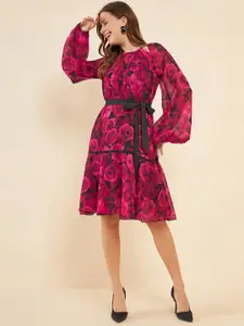 Antheaa Pink Floral Printed Puff Sleeves Gathered Detailed Chiffon Fit & Flare Dress