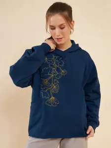 Antheaa Navy Blue Floral Embroidered Hooded Fleece Sweatshirt