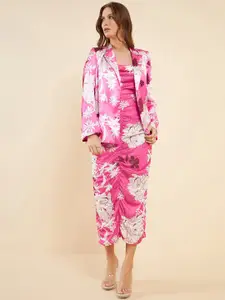 Antheaa Pink Floral Printed Shoulder Straps Gathered Ruched Sheath Midi Dress & Blazer