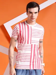 The Indian Garage Co White & Pink Abstract Printed Casual T-shirt