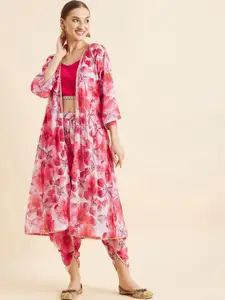 PANIT White & Pink Floral Printed Crop Top With Dhoti Pants & Shrug Ethnic Co-Ords