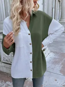 StyleCast Women Green & White Boxy Colourblocked Casual Shirt