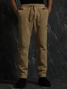 Breakbounce Men Beige-Coloured Self Design Cotton Slim-Fit Mid Rise Track Pants