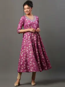 AURELIA Floral Printed Sequinned Pure Cotton A-Line Kurta