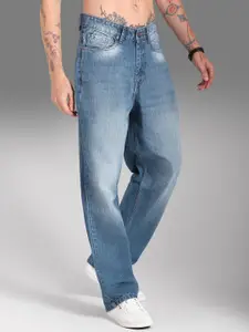 High Star Men Wide Leg Mid-Rise Clean Look Light Fade Cotton Jeans