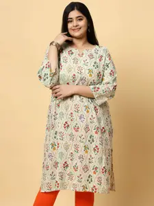 Sztori Plus Size Floral Printed Notched Round Neck Pure Cotton Straight Kurta