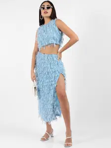 Campus Sutra Blue Self-Design Crop Top With Maxi Skirt