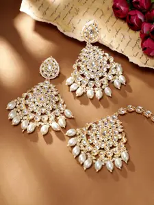 Rubans 22K Gold-Plated Kundan & Pearl Beaded Maang Tika & Earrings Set