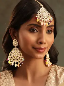RUBANS 22K Gold-Plated Kundan Multi-Color Pearl Beaded Maang Tika & Earrings Set