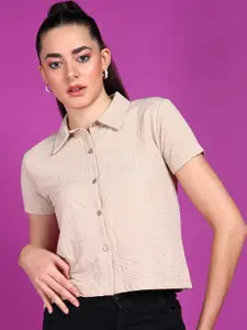 Popwings Smart Textured Self Design Crop Casual Shirt
