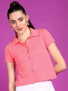Popwings Smart Textured Self Design Crop Casual Shirt