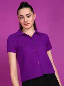 Popwings Smart Textured Self Design Crop Casual Shirt