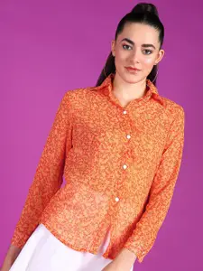 Popwings Smart Floral Printed Semi Sheer Georgette Casual Shirt