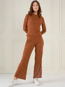 all about you Brown Ribbed T-Shirt With Flared Trousers
