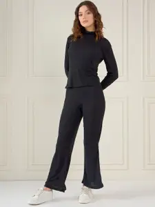 all about you Black Ribbed High Neck Pure Cotton T-Shirt With Flared Trousers