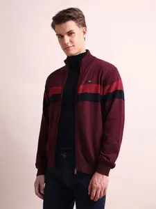 Arrow Sport Mock Collar Striped Pure Cotton Front-Open Sweaters