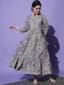KALINI Floral Printed Gathered Detailed Maxi Ethnic Dress