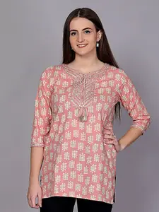 HIGHLIGHT FASHION EXPORT Ethnic Motifs Printed Tie-Up Neck Sequined Cotton Kurti