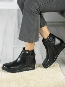 ELLE Women Buckle Detail Heeled Leather Mid-Top Regular Boots