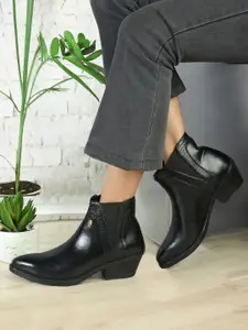 ELLE Women Textured Heeled Leather Mid-Top Chelsea Boots