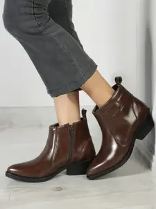 ELLE Women Textured Block Heeled Leather Mid-Top Regular Boots