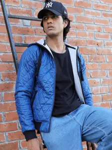 Campus Sutra Blue Hooded Windcheater Bomber Jacket