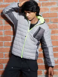 Campus Sutra Grey Hooded Windcheater Puffer Jacket