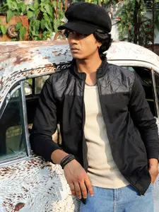 Campus Sutra Black Mock Collar Long Sleeves Windcheater Bomber Jacket