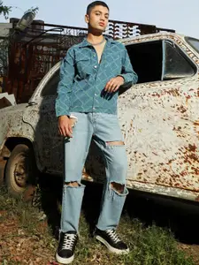 Campus Sutra Blue Self Design Windcheater Cotton Denim Jacket