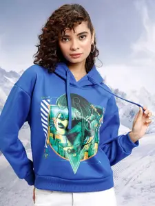 Tokyo Talkies Blue Printed Hooded Pullover Sweatshirt