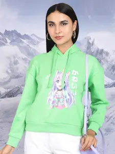 Tokyo Talkies Green Anime Printed Hooded Pullover Sweatshirt