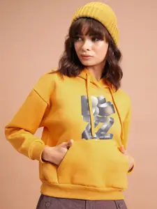 Tokyo Talkies Mustard Yellow Typography Printed Hooded Relaxed Fit Pullover