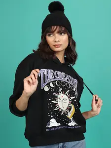 Tokyo Talkies Black Graphic Printed Hooded Oversized Pullover