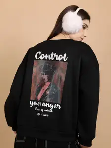 Tokyo Talkies Black Graphic Printed Oversized Pullover