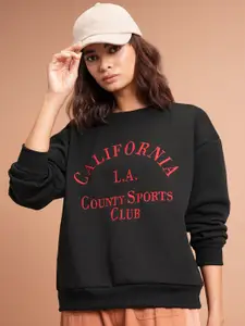 Tokyo Talkies Black Typography Printed Oversized Pullover